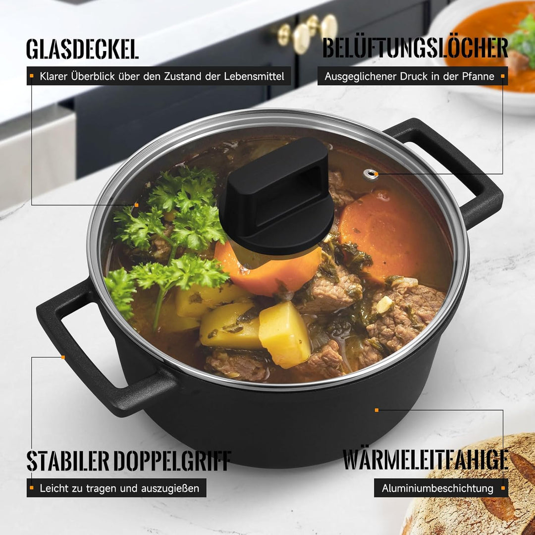 Topf Homelux 20cm Kochtopf Induktion Schmortopf mit Glasdeckel, 2,6L Kochtöpfe mit Antihaftbeschicht