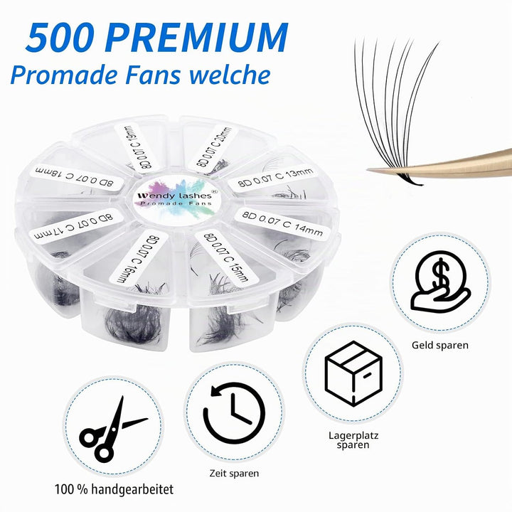 Fertige Fächer Wimpern Gefächerte Wimpern 8D 500 Stück 13-20mm D Curl 0,07mm Premade Volumen Fans Wi