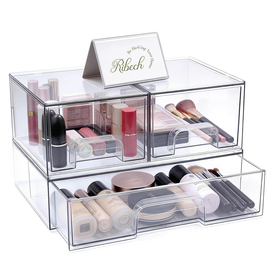 3-stufige Aufbewahrungsbox transparent - Schubladen-Organizer mit rutschfester Basis für Badezimmer,