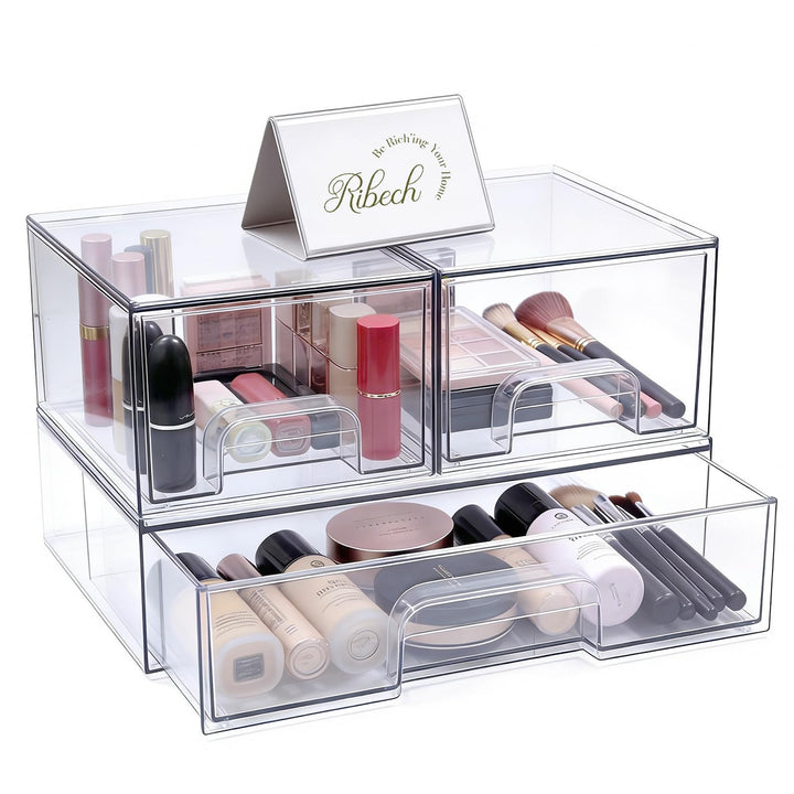 3-stufige Aufbewahrungsbox transparent - Schubladen-Organizer mit rutschfester Basis für Badezimmer,