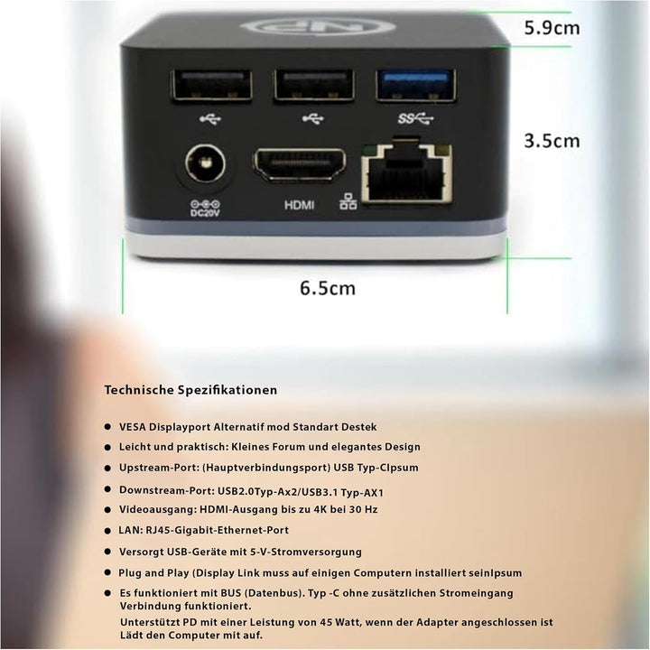 NPO USB C Cube - Mini Docking Station, Compatible with Thunderbolt 3 Ports and Specific USB-C System