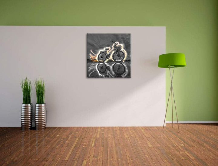 Pixxprint Fahrrad Steht unter Feuer 70x70cm Leinwandbild Wandbild Kunstdruck, 70x70