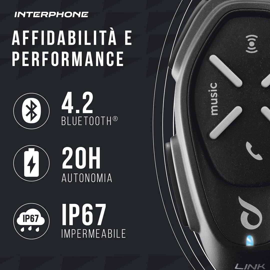 Interphone LINK - Einzelpack - Bluetooth-Kommunikationssystem für Motorräder - Bis zu 2 Reiters, 300