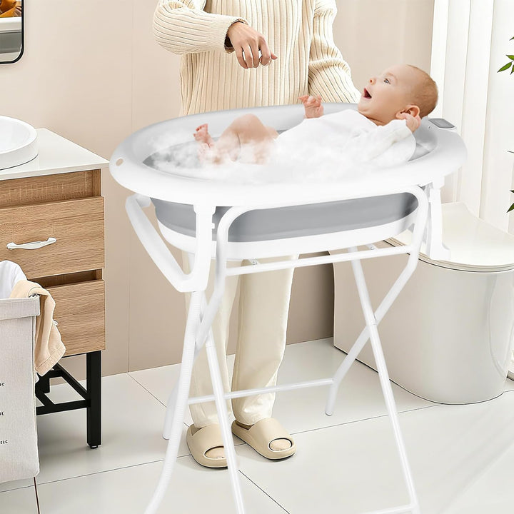 Faltbare Babybadewanne XXL mit Ständer, Sitz und Entwässerungssystem, 0-3 Jahre, 2-in-1 Babybadewann