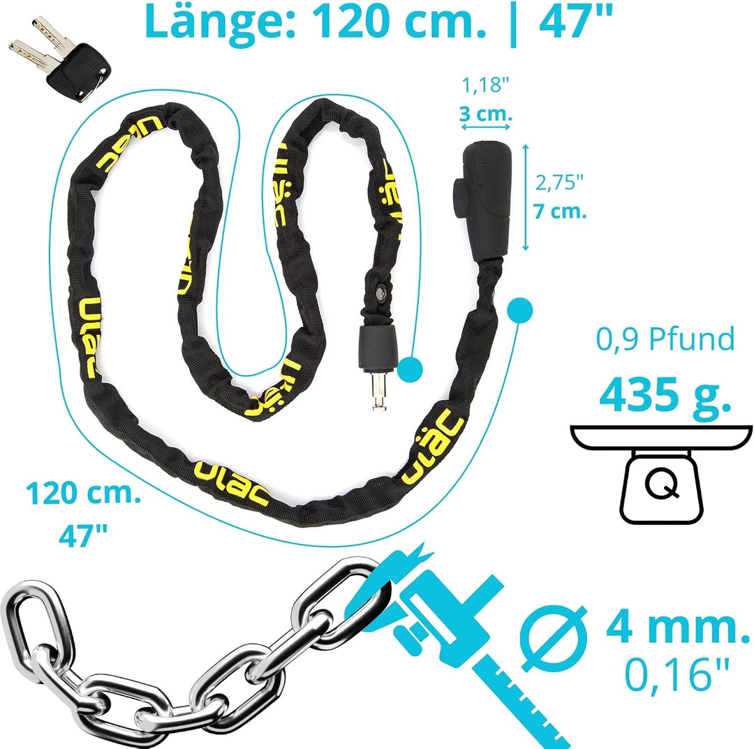 Vorhängeschloss Python Supreme | Kette 4 mm Diebstahlsicherung 120 cm | gehärteter Stahl und Nylon |