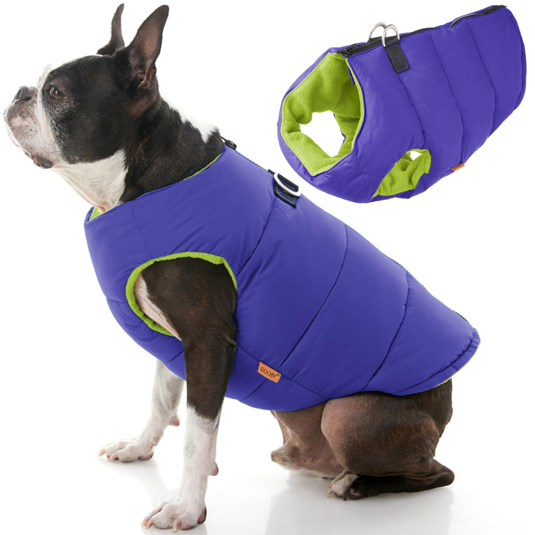 Gooby - Padded Vest Solid, Dog Jacket Coat Sweater with Zipper Closure and Leash Ring, Solid Purple,