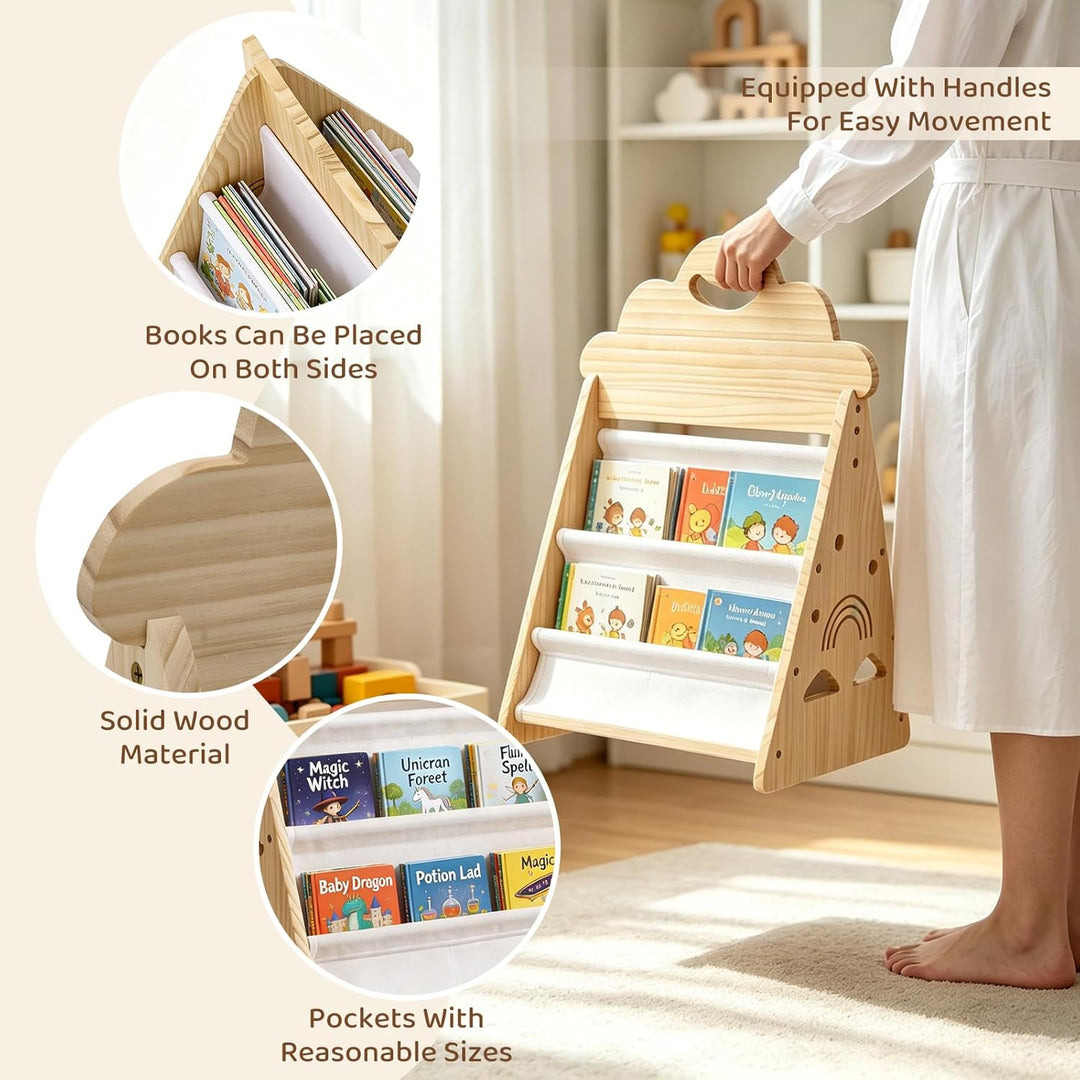 Bücherregal Kinder, Montessori Bücherregal Kinder Tragbar mit Griff, Doppelseitiges Holzregal Tragba