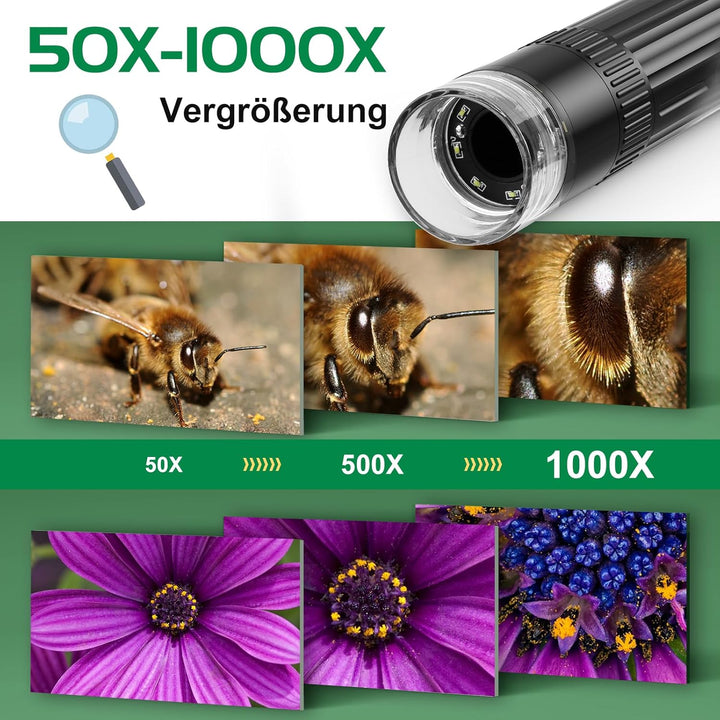 WADEO WiFi Digitalmikroskop, 1080P HD 50-1000X USB-Mikroskop, Mini-Mikroskop Handmikroskop mit 2 MEG