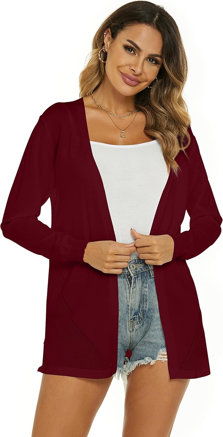 Damen Strickjacke Sommer Cardigan Elegant Lang Jacke Leichte Langarm Offene Strickjacke Sommerjacke
