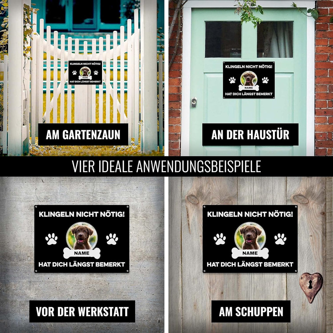 Hunde Schild personalisiert - Klingeln nicht nötig - Metallschild mit Foto und Name für aussen, wett