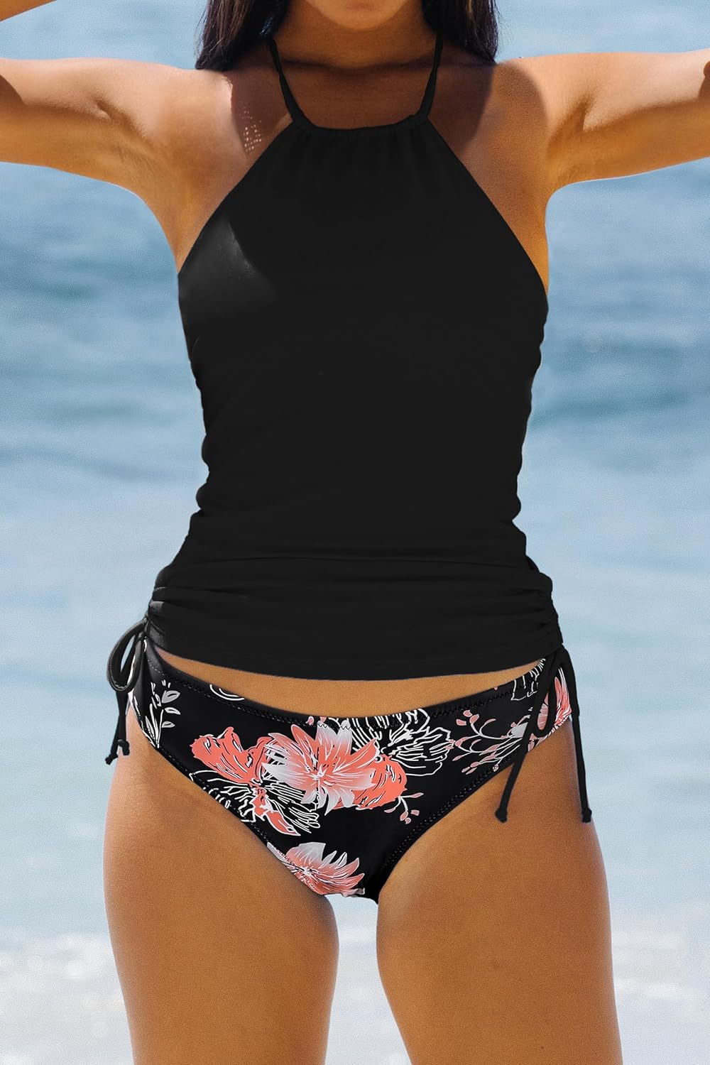 Beachsissi Damen Zweiteiler Badeanzüge Gepolsterter Kordelzug Seitliche Bademode Neckholder Leopard