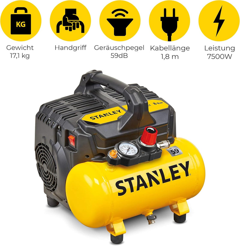 Stanley 100/8/6 Silent Air Compressor DST 100/8/6SI, 750 W, 230 V, Giallo, Einzeln