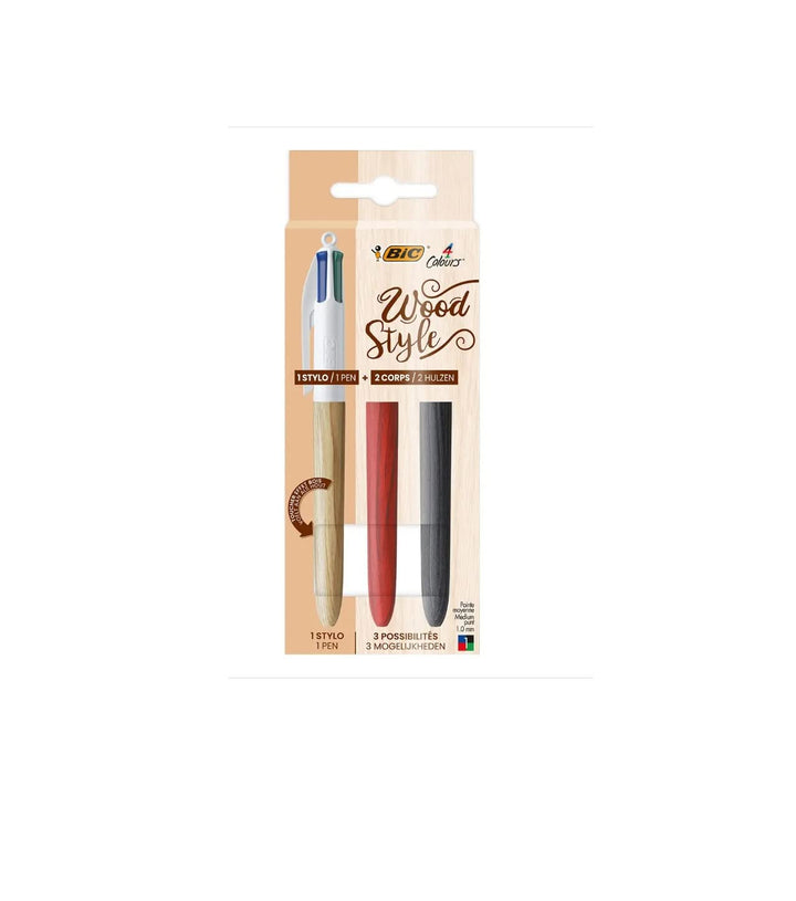 BIC - 1 Set mit 1 Kugelschreiber, 4 klassische Farben, mit Korpus in Holzoptik + 2 Korpus in Holzopt