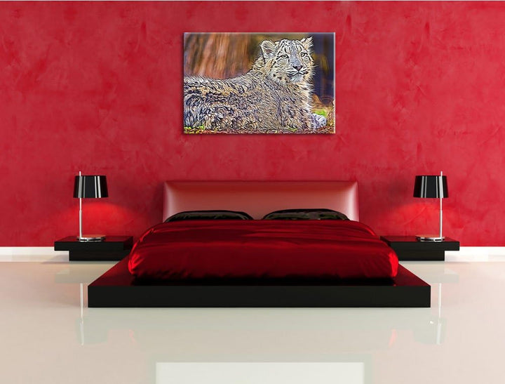 anmutiger Schneeleopard Deluxe Format: 100x70 cm auf Leinwand, XXL riesige Bilder fertig gerahmt mit