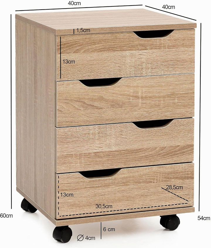 Wohnling Rollcontainer 40x40x60 cm Sonoma mit Schubladen | Schreibtischcontainer mit 4 geräumigen Sc