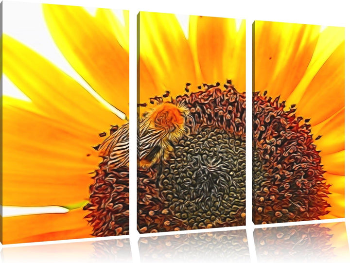 Biene auf Sonnenblume NewArt 3-Teiler Leinwandbild 120x80 Bild auf Leinwand, XXL riesige Bilder fert