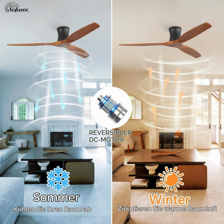 Sofucor Smart Deckenventilator mit Alexa/APP, 132cm Massivholz Deckenventilator mit Fernbedienung, W