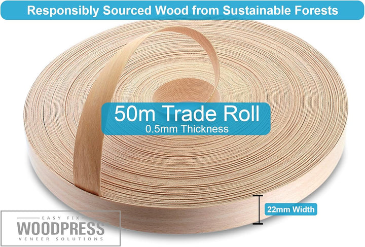 WoodPress 22mm Gedämpfte Buche Echt Vorgeklebtes Furnier-Randband - 50m Rolle für die Industrie Geho