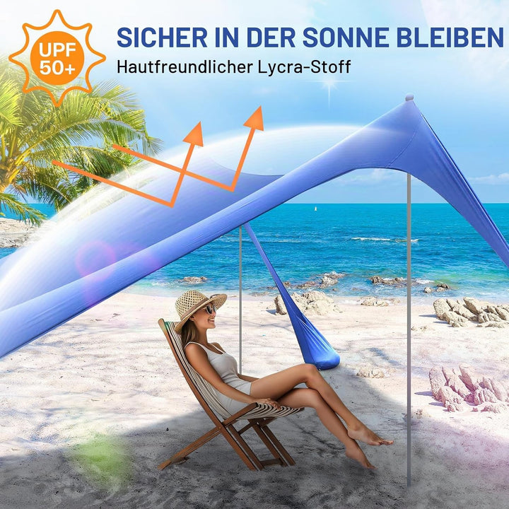 Sportneer Strandmuschel UV Schutz, Strandzelt 3m x 3m x 2m High UPF50+ mit 4 Alustangen 4 Sandsäcken