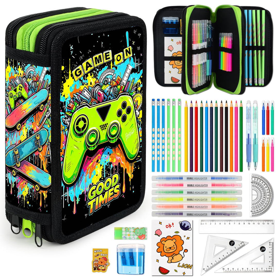 41 Artikel Federmappe Jungen, Federmäppchen 3 Fach Jungen Mäppchen Gefüllt Spiel Set, Federtasche 3