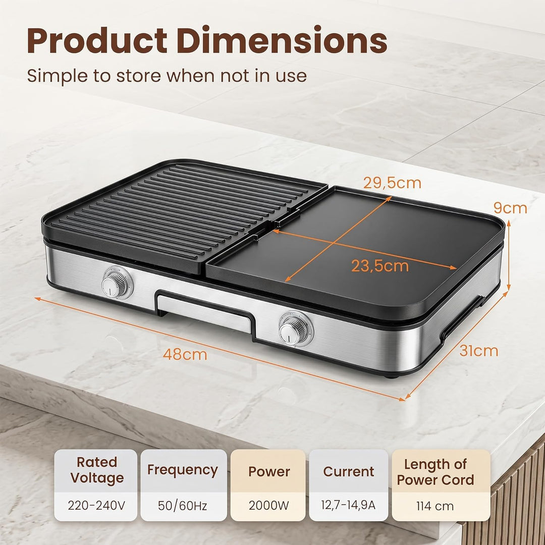 LIFEZEAL Elektrogrill, Tischgrill elektrisch 2000 W, Elektrischer Plattengrill Indoor mit 2 wendbare