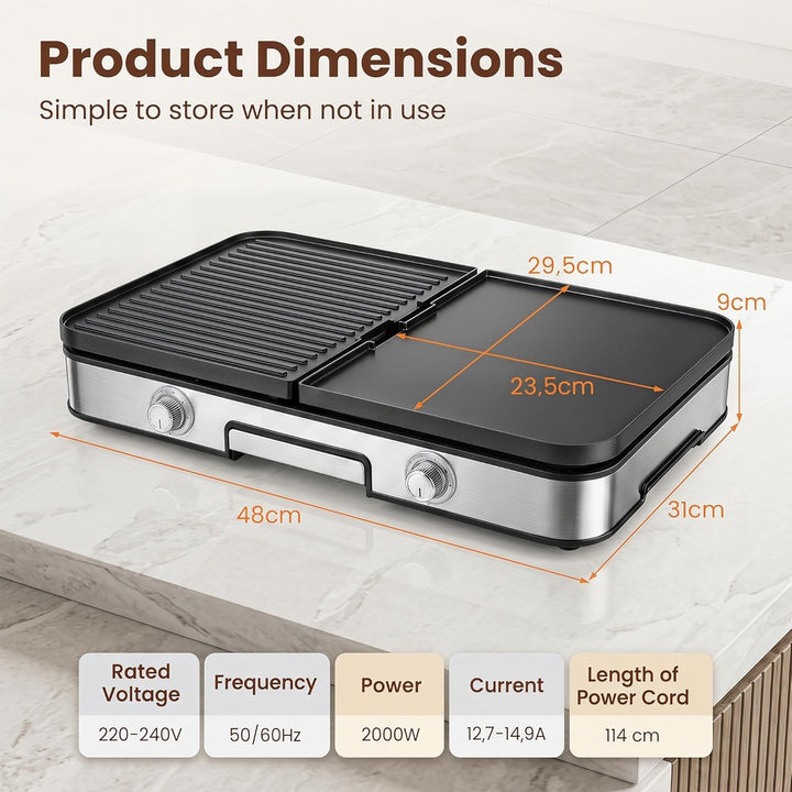 LIFEZEAL Elektrogrill, Tischgrill elektrisch 2000 W, Elektrischer Plattengrill Indoor mit 2 wendbare