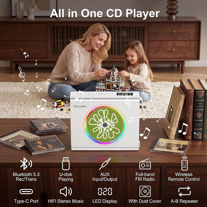 Gueray Tragbarer CD-Spieler mit Licht, Bluetooth 5.3 CD-Player mit Fernbedienung HiFi-Lautsprecher 4