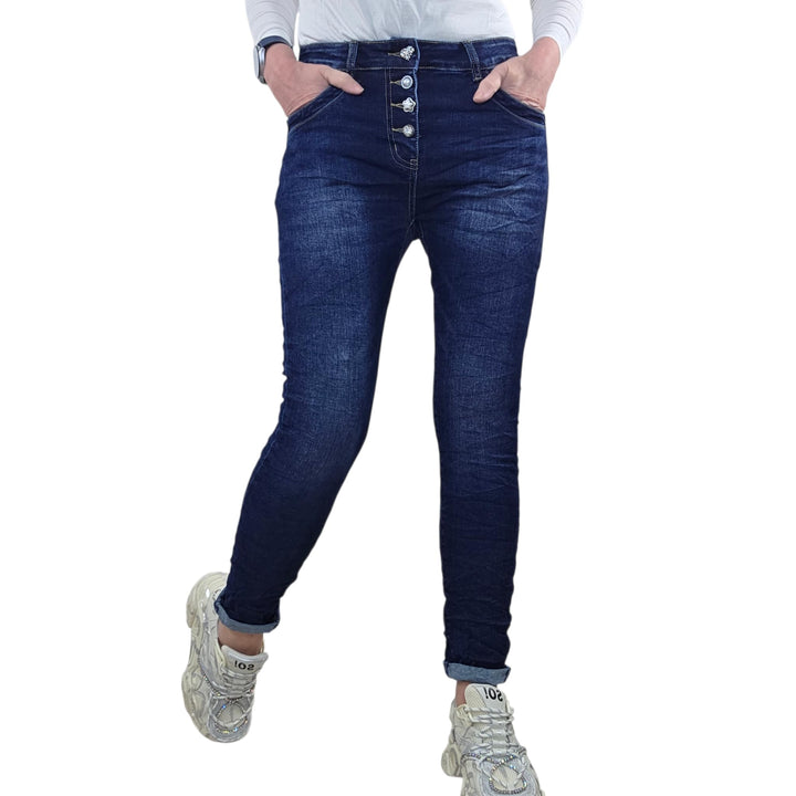 Jewelly Stretch Jeans| im Baggy Boyfriend Schnitt| Damen Hose mit dekorativer Knopfleiste| Perfekter