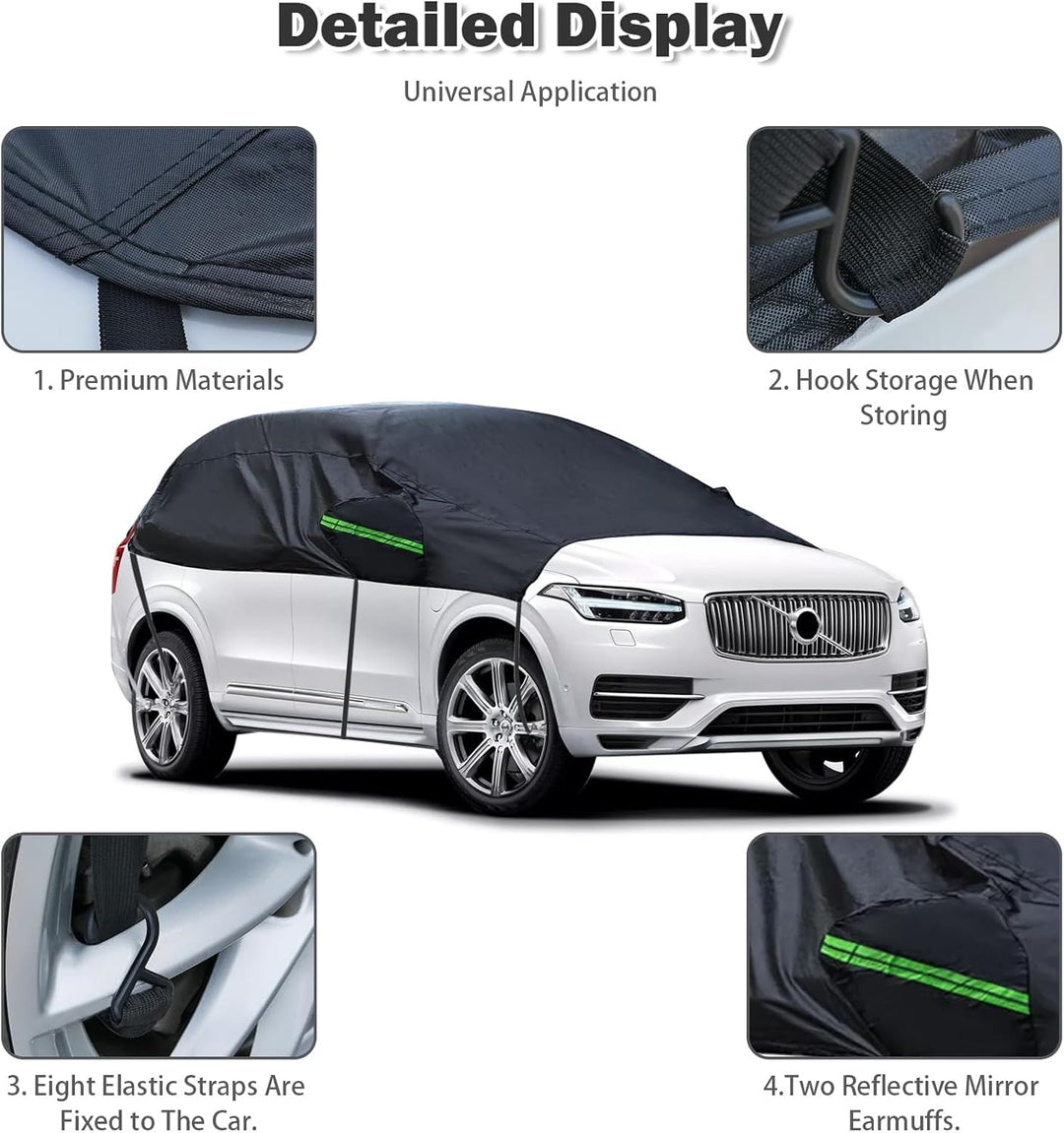 Universal Halbgarage Autoabdeckung,Halbe Autoabdeckung mit Haken und Riemen, Wasserdicht Autogarage
