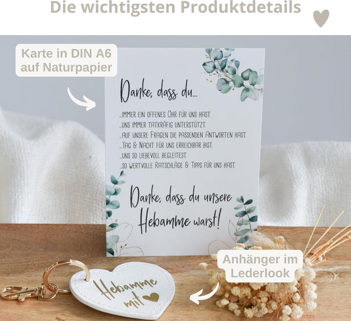 kleines Geschenkset "Hebamme mit Herz" | Schlüsselanhänger im Lederlook und Karte | kleines Abschied
