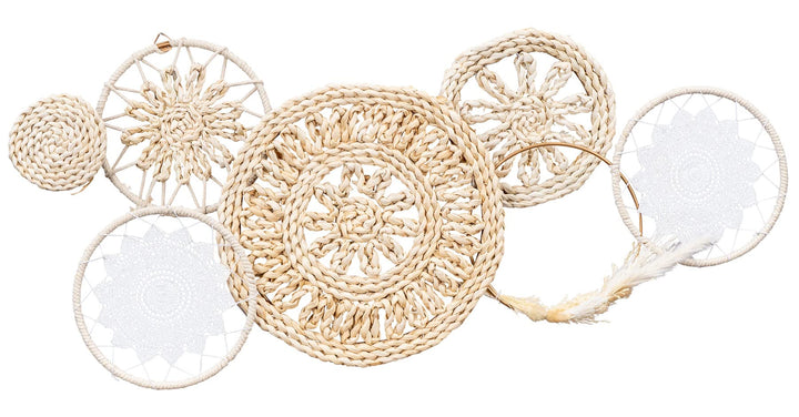 Boho Deko L89cm Natur Weiss Baumwolle Metall Wandbild Wanddeko Bohostyle Bild Wandkunst Dekoration V