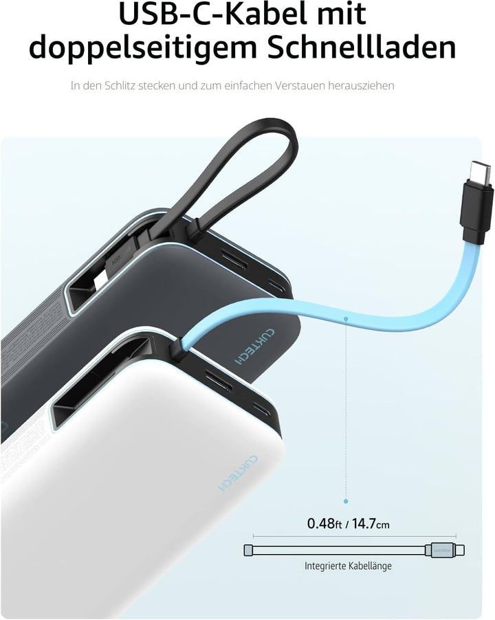 CUKTECH Power Bank, Powerbank 20000mah 45W mit integriertem USB-C Kabel, Powerbank Schnellladefunkti