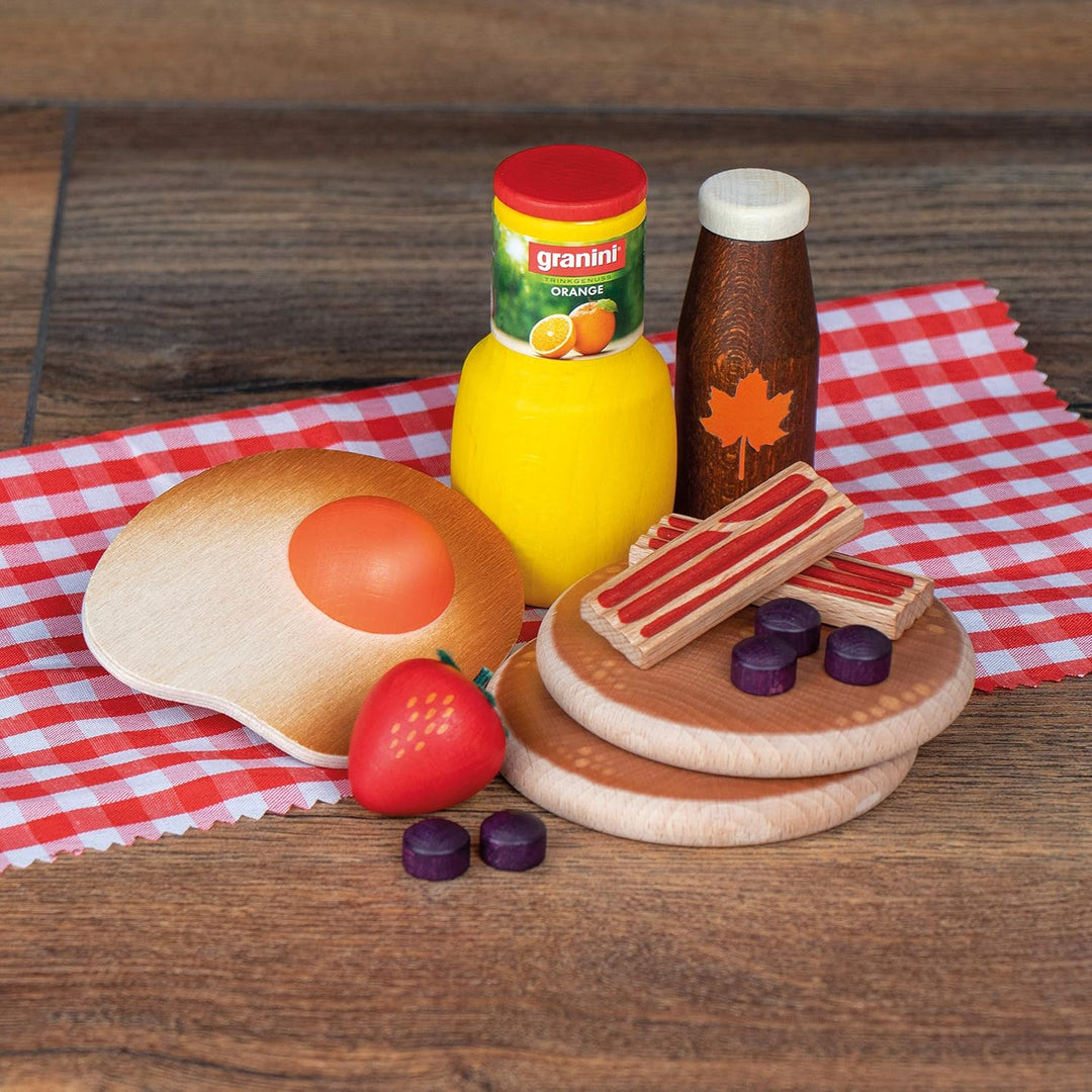 Erzi 28150 Sortierung American Breakfast aus Holz, Kaufladenartikel für Kinder, Rollenspiele