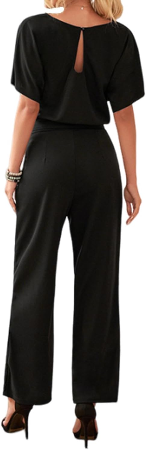 Bipily Damen Kurzarm Lang Jumpsuit Elegant Overall Jumpsuits O-Ausschnitt Playsuit Romper Hosenanzug