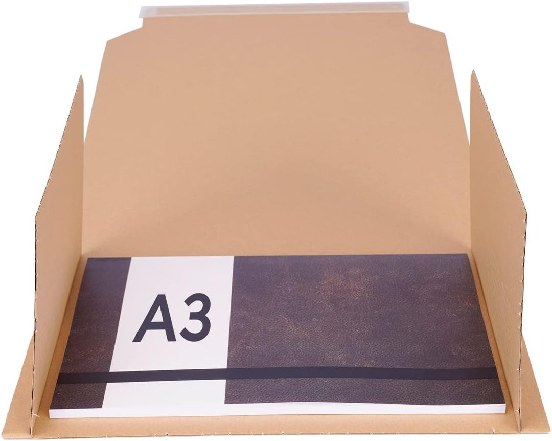250 Stück | Buchverpackung DIN A3 selbstklebend in Braun | 430x310x10-60 mm - Wickelverpackung BV-5,