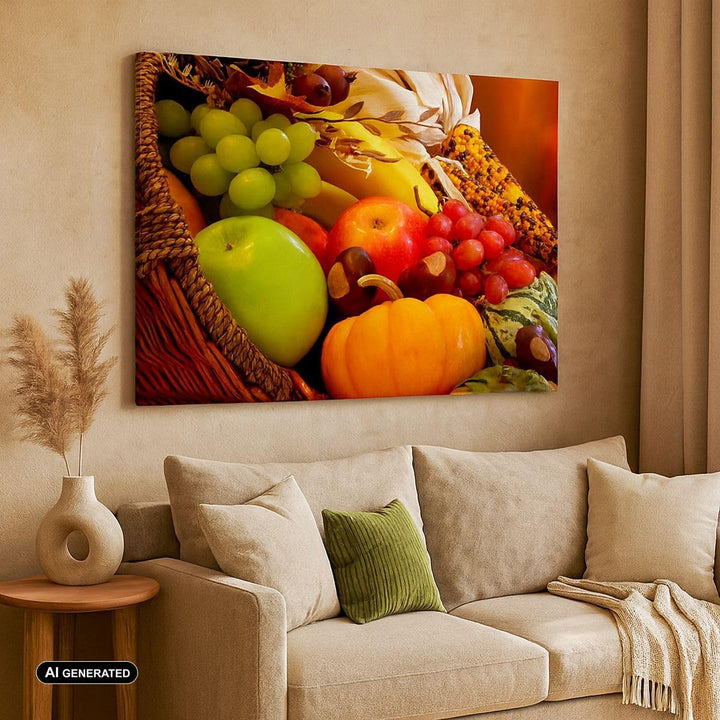 ARTTOR Bilder auf Leinwand 100x70cm Leinwandbild Weidenkorb Obst Gemüse Gross Wanddeko Bild Schlafzi