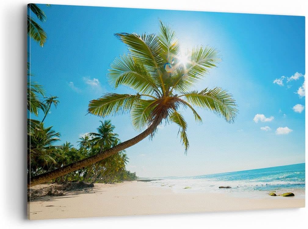 Bilder auf Leinwand 100x70cm Leinwandbild mit Rahmen Strand Palme Meer Gross Wanddeko Bild Schlafzim