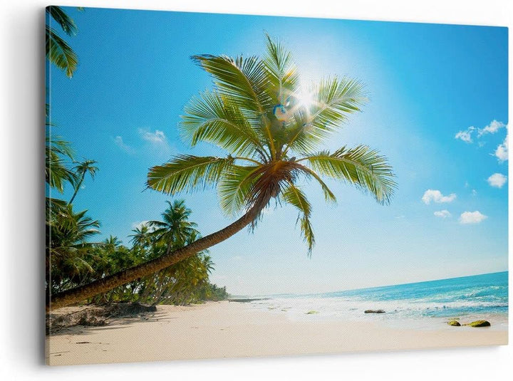 Bilder auf Leinwand 100x70cm Leinwandbild mit Rahmen Strand Palme Meer Gross Wanddeko Bild Schlafzim