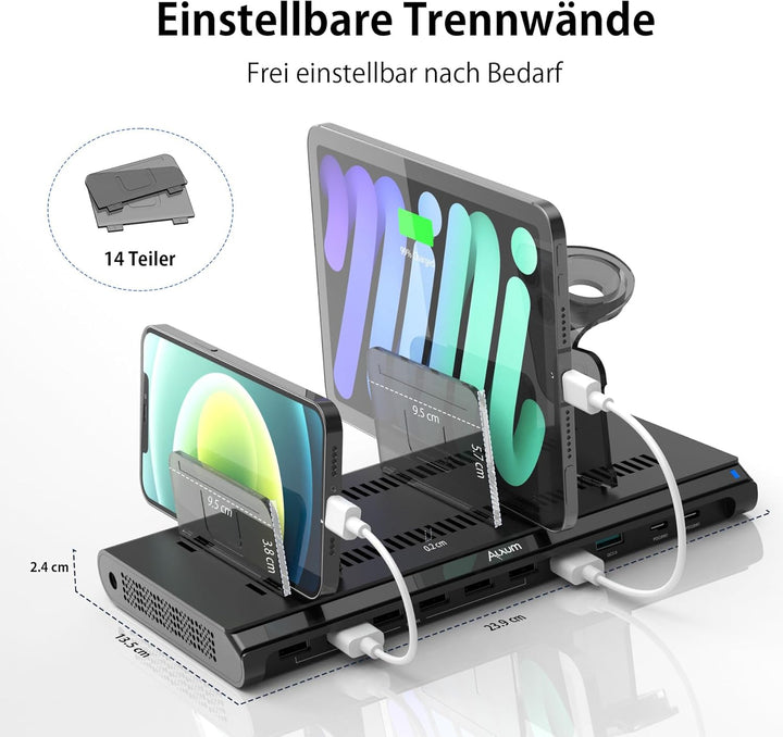 Alxum 96W 10 Port USB C Ladestation für Multi-Geräte, Schnellladestation Organizer mit 2 * 18W PD &