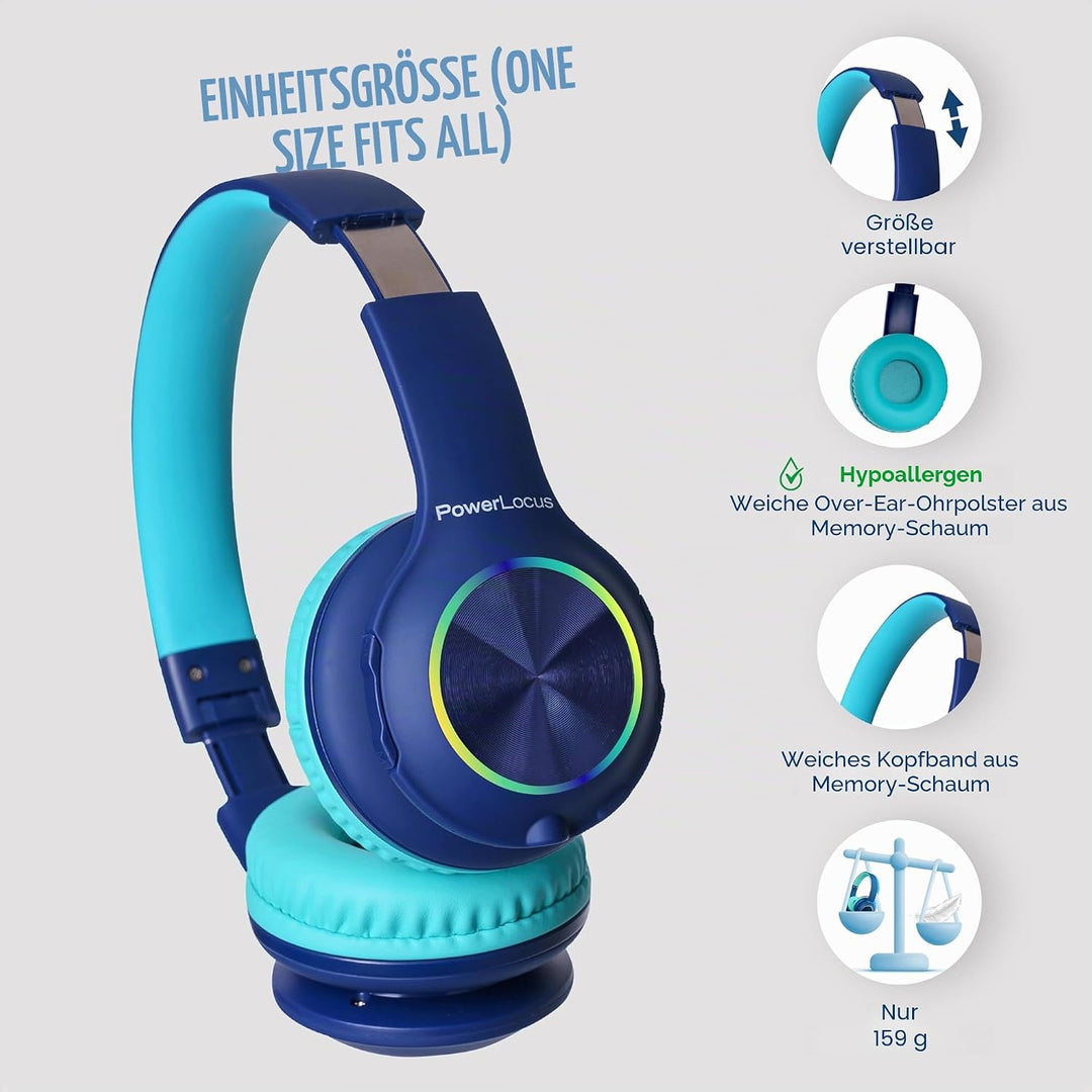 PowerLocus Kinderkopfhörer Bluetooth, Kinder Kopfhörer Kabellos mit LED-Leuchten und 94DB Lautstärke