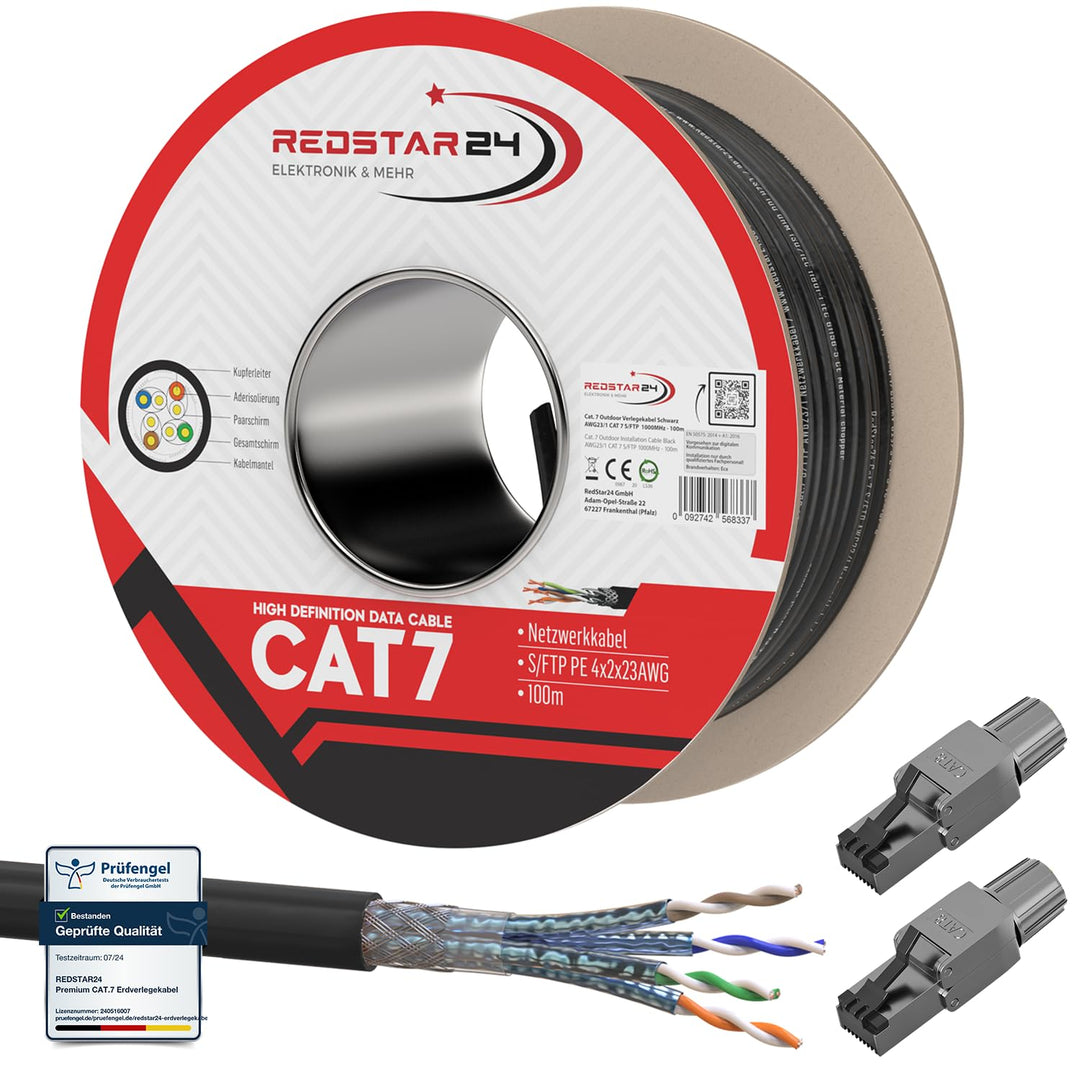 100m Cat7 Erdkabel Verlegekabel + 2x RJ45 Stecker Werkzeuglos CAT 8 Outdoor Lan Kabel Installationsk