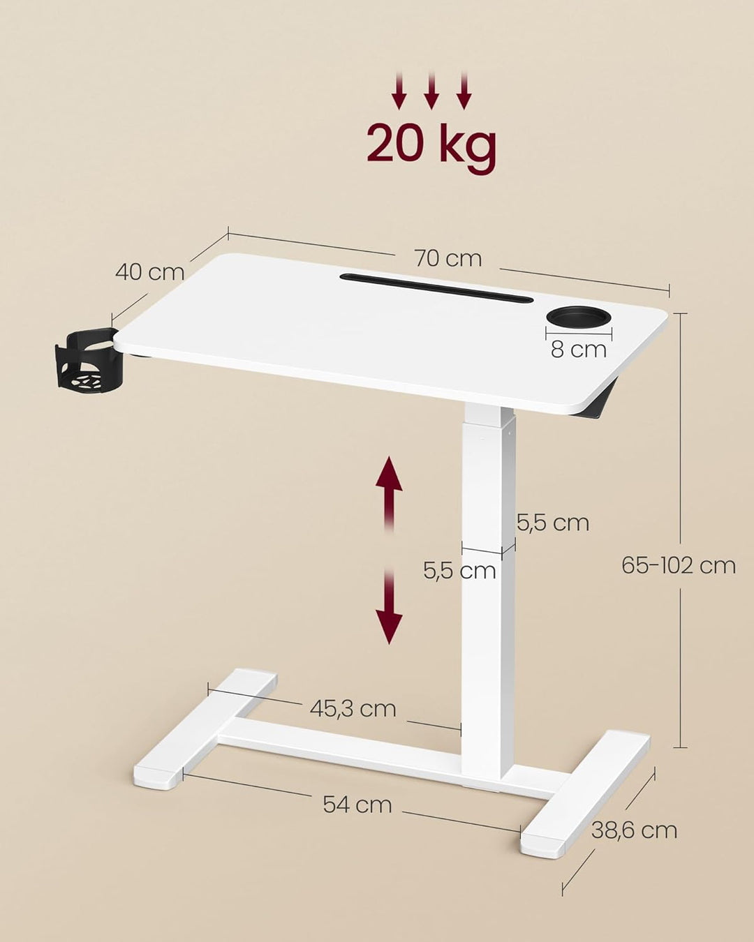 VASAGLE Beistelltisch mit Rollen, mobiler Stehtisch, 70 x 40 cm grosse Tischplatte, verstellbare Höh