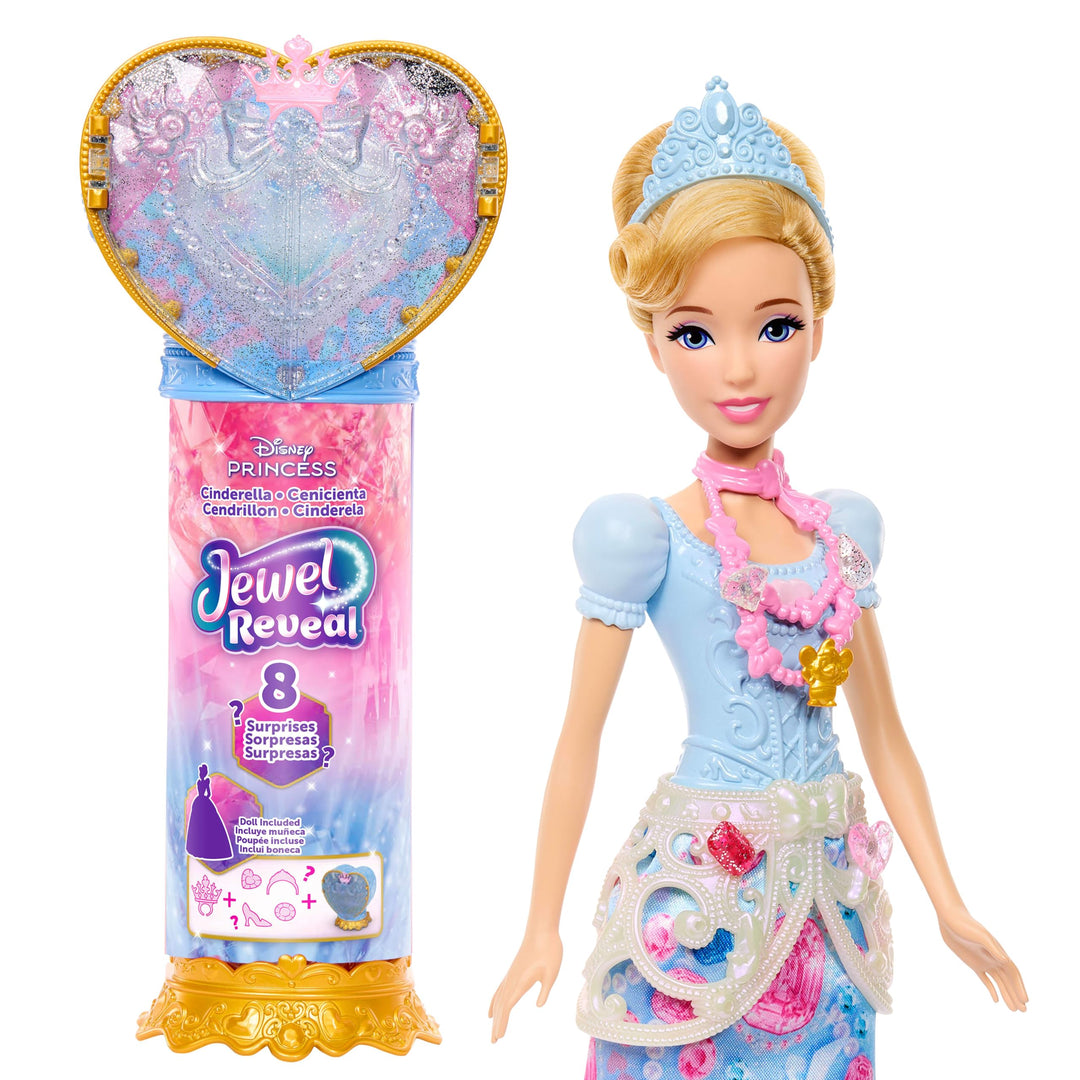 Mattel Disney Princess Cinderella Modepuppe und Zubehörteile mit 8 Überraschungen, darunter herzförm