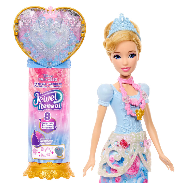 Mattel Disney Princess Cinderella Modepuppe und Zubehörteile mit 8 Überraschungen, darunter herzförm