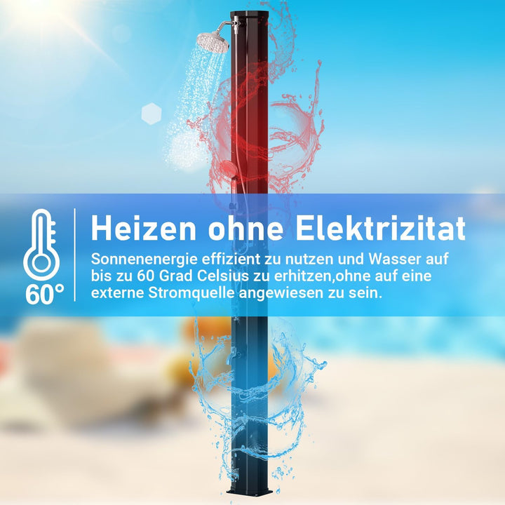 Solardusche 60L Solar Gartendusche warmes Wasser Bis Zu 60°C Ohne Stromanschluss mit Handbrause und