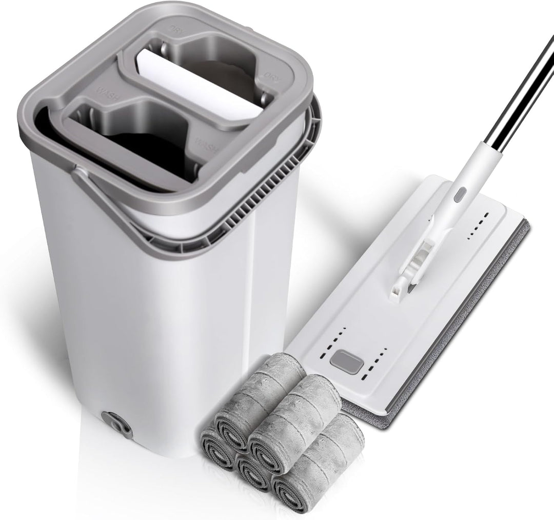 MASTERTOP Wischmopp Set mit Eimer, Flachmopp Bodenwischer mit 5 Mopp Pads und Langem Griff, 2 in 1 P