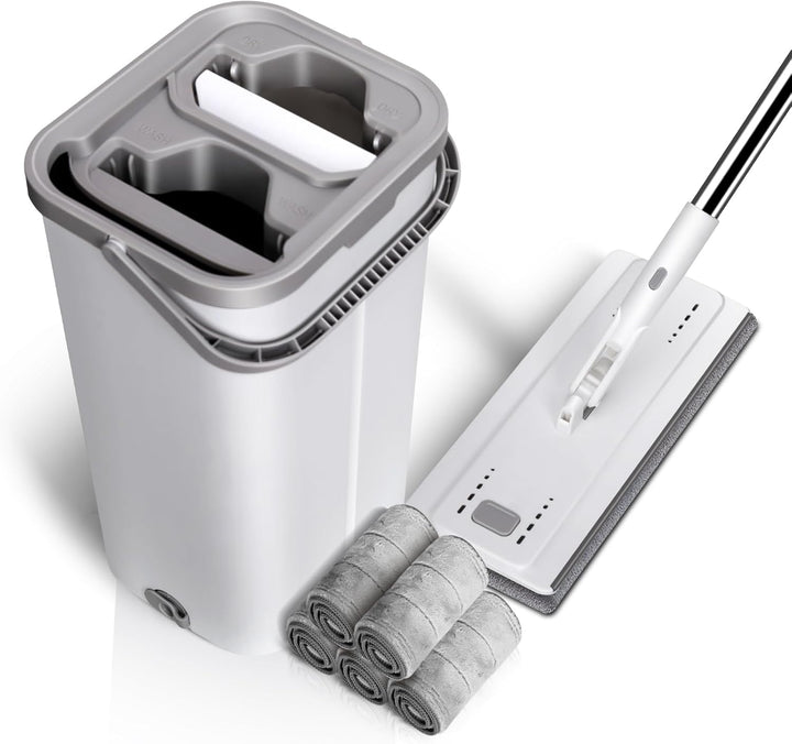 MASTERTOP Wischmopp Set mit Eimer, Flachmopp Bodenwischer mit 5 Mopp Pads und Langem Griff, 2 in 1 P