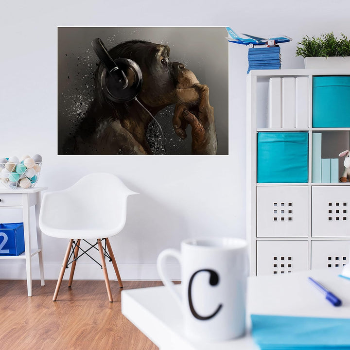 wandmotiv24 Poster als Wanddeko, Grösse 80x60cm, AFFE mit Kopfhörer, Headset, Musik, Tiere, Affen, M
