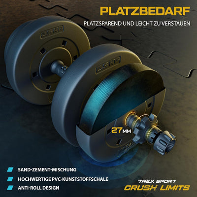 TREX SPORT 2er Set Hanteln & Hanteln 20 kg, 40 kg, Kurzhantelset mit Verbindungsrohr Schwarz, Schwar