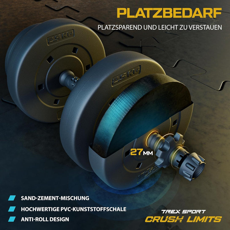 TREX SPORT 2er Set Hanteln & Hanteln 20 kg, 40 kg, Kurzhantelset mit Verbindungsrohr Schwarz, Schwar